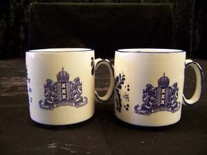 Vintage Blue Delft Deco Amsterdam Crest Mugs Pair 3"
